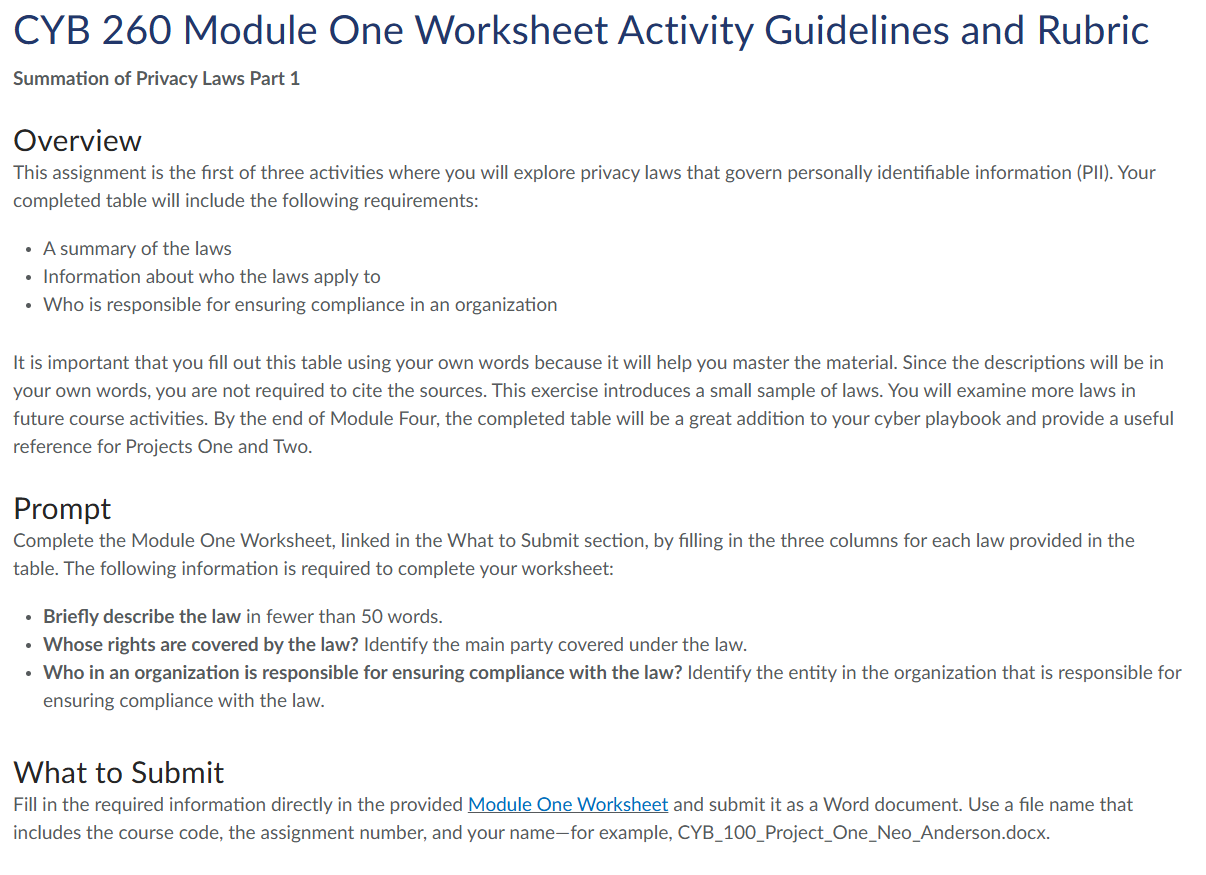 CYB 260 Module One Worksheet Activity