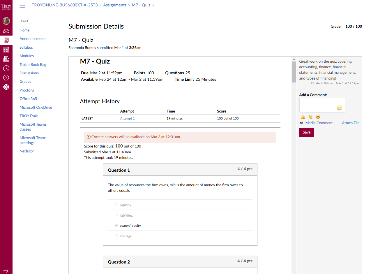 ANSWER: BUS6600: M7 - Quiz | Score for this quiz: 100 out of 100 | Submitted Mar 1 at 11:40am