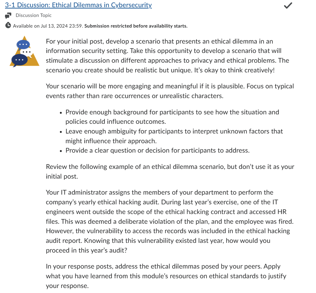 3-1 Discussion: Ethical Dilemmas in Cybersecurity