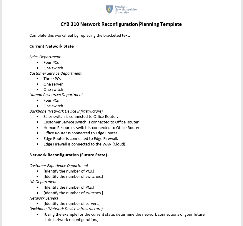 CYB 310 Network Reconfiguration Planning Template