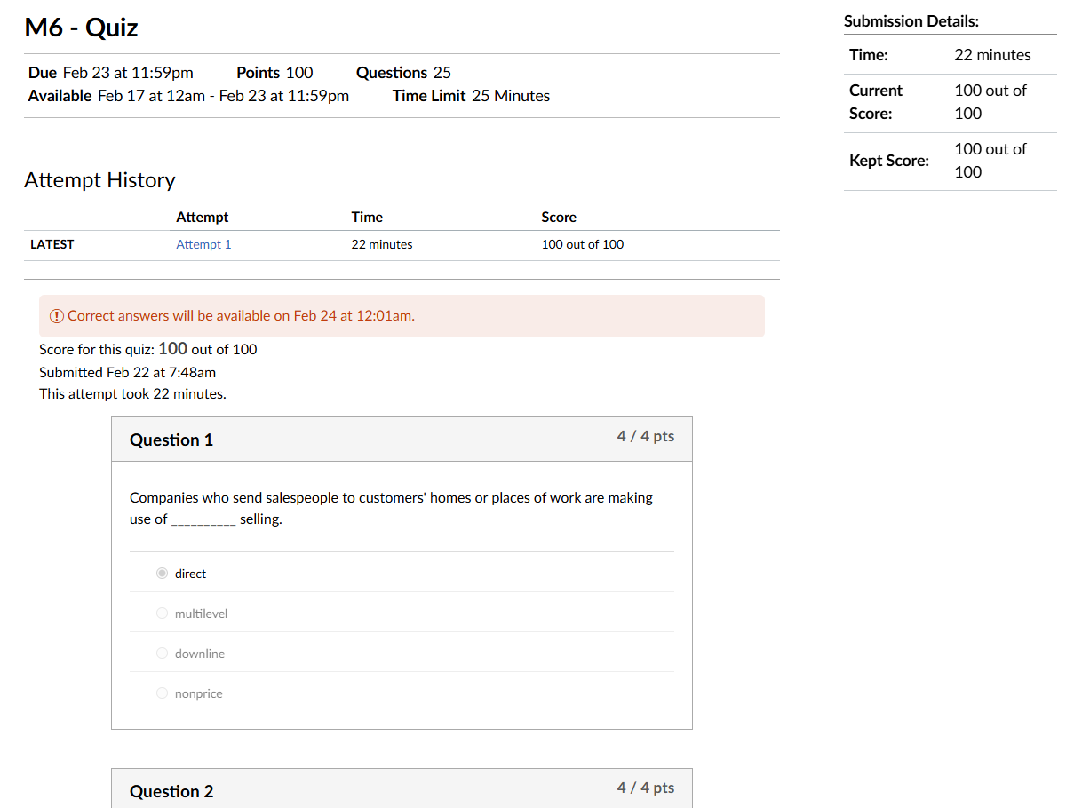 BUS6600: M6 - Quiz | Score for this quiz: 100 out of 100 | Submitted Feb 22 at 7:48am 