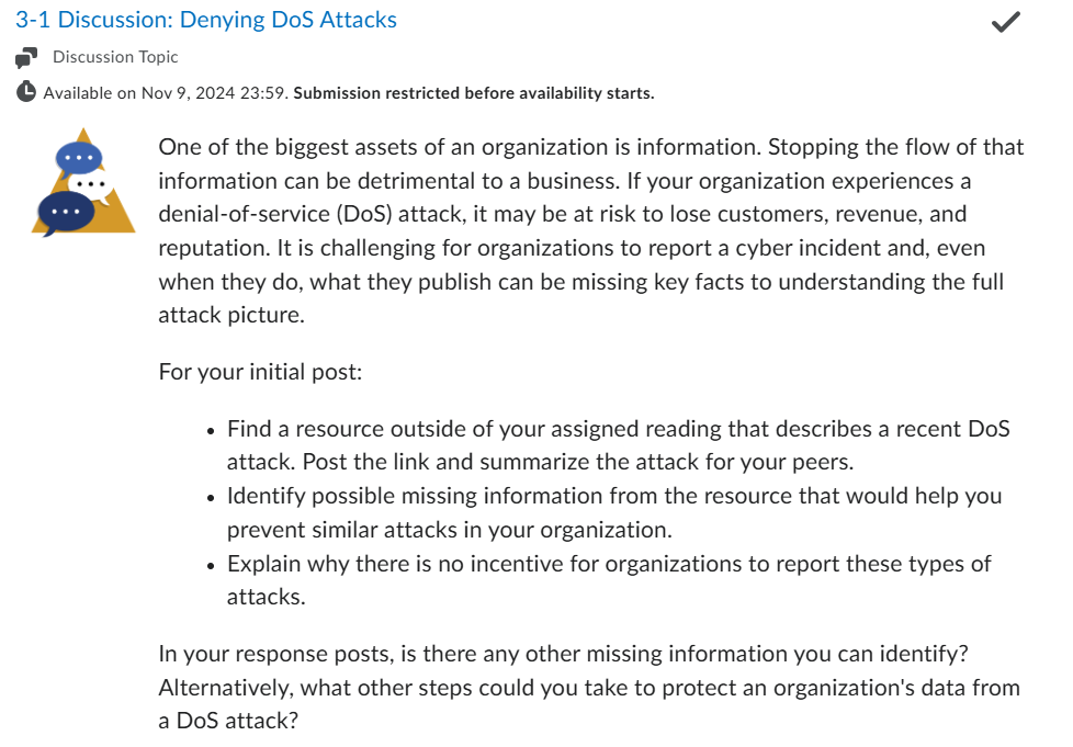 CYB 310 : 3-1 Discussion: Denying DoS Attacks