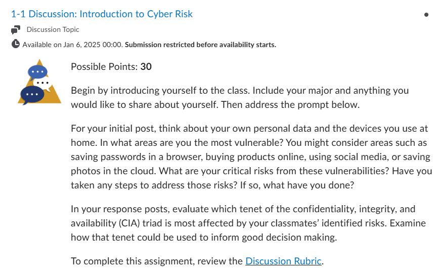 CYB 410  1-1 Discussion: Introduction to Cyber Risk