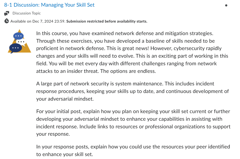 CYB 310: 8-1 Discussion: Managing Your Skill Set