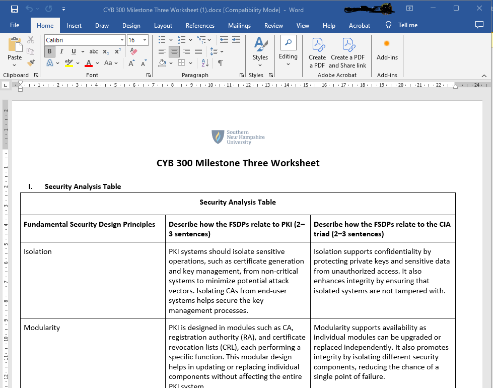 Answer: CYB 300 : 5-2 Milestone Three: PKI, FSDP, and CIA 