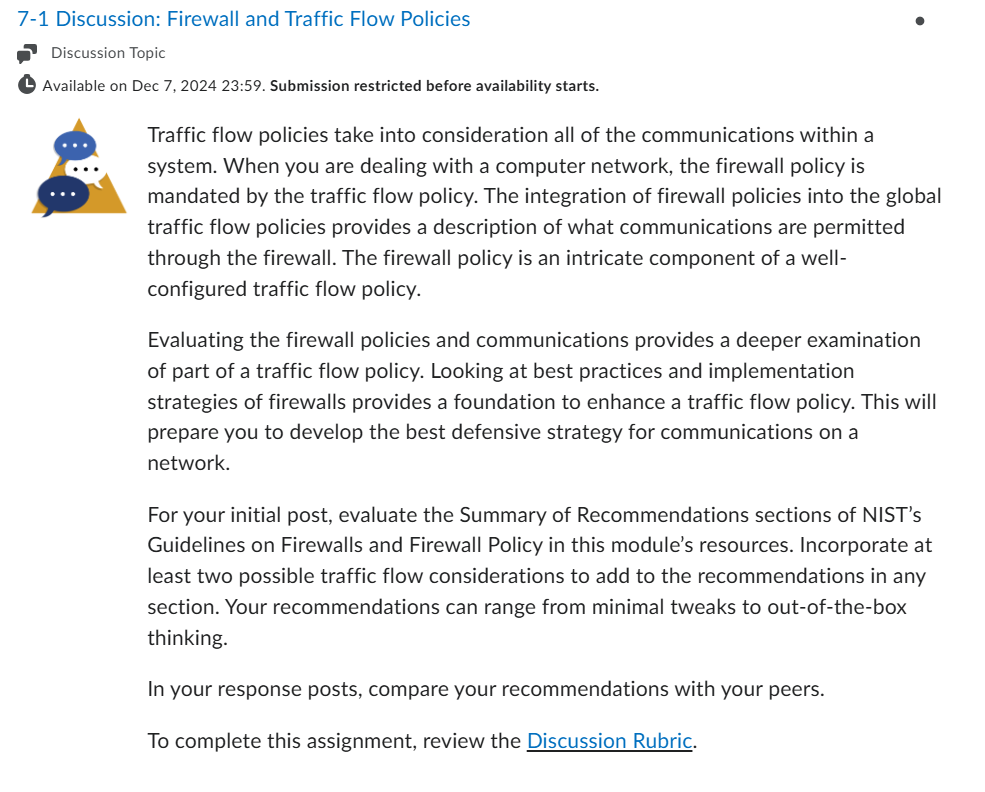 CYB 310: 7-1 Discussion: Firewall and Traffic Flow Policies