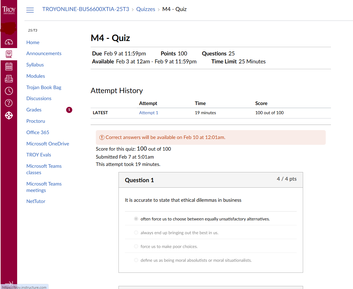 BUS6600: M4 - Quiz | Score for this quiz: 100 out of 100 | Submitted Feb 7 at 5:01am