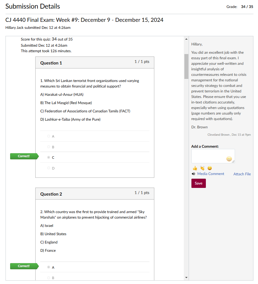 Answer: CJ 4440 Final Exam: Week 9: December 9 - December 15, 2024